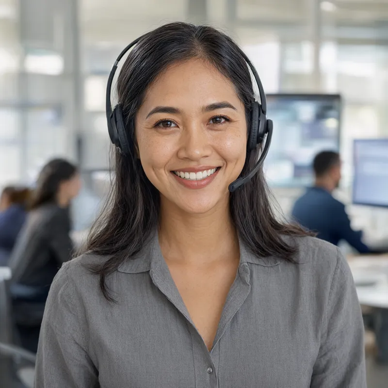 Friendly customer service agent wearing a headset in a modern office (AI-generated)