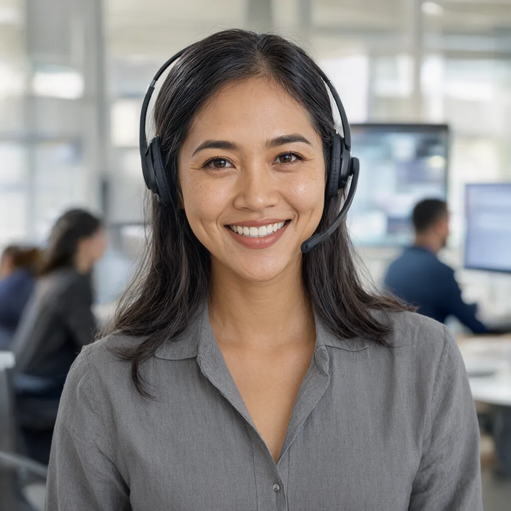 Friendly customer service agent wearing a headset in a modern office (AI-generated)