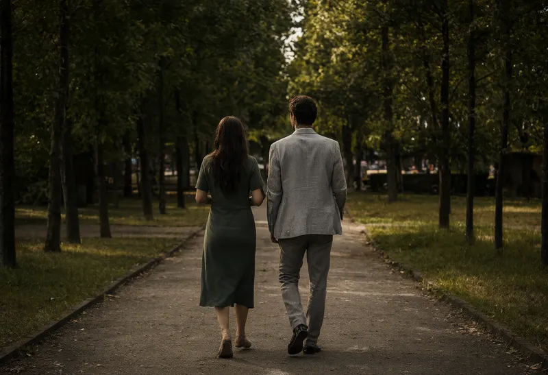 Couple walking side by side along a park path, seen from behind (AI-generated)
