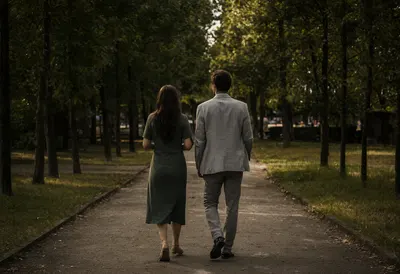 คู่รักเดินด้วยกันในสวน (สร้างด้วย AI)