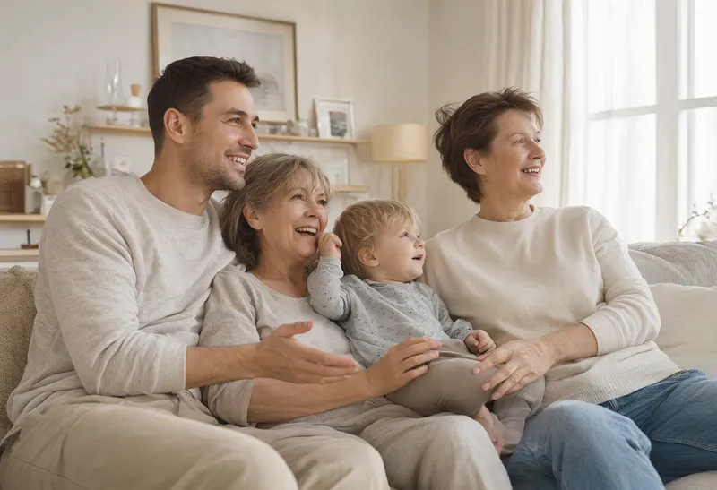 Family of three relaxing together in a bright living room (AI-generated)