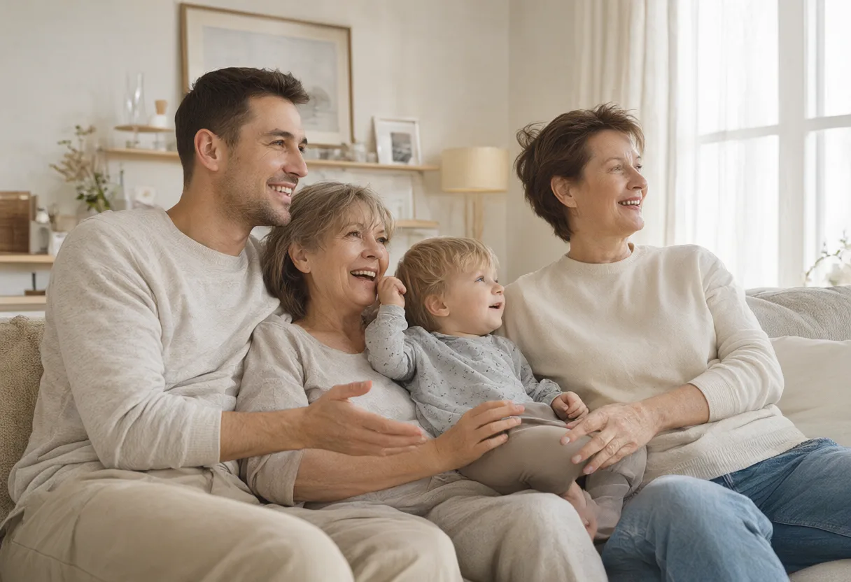 Family of three relaxing together in a bright living room (AI-generated)