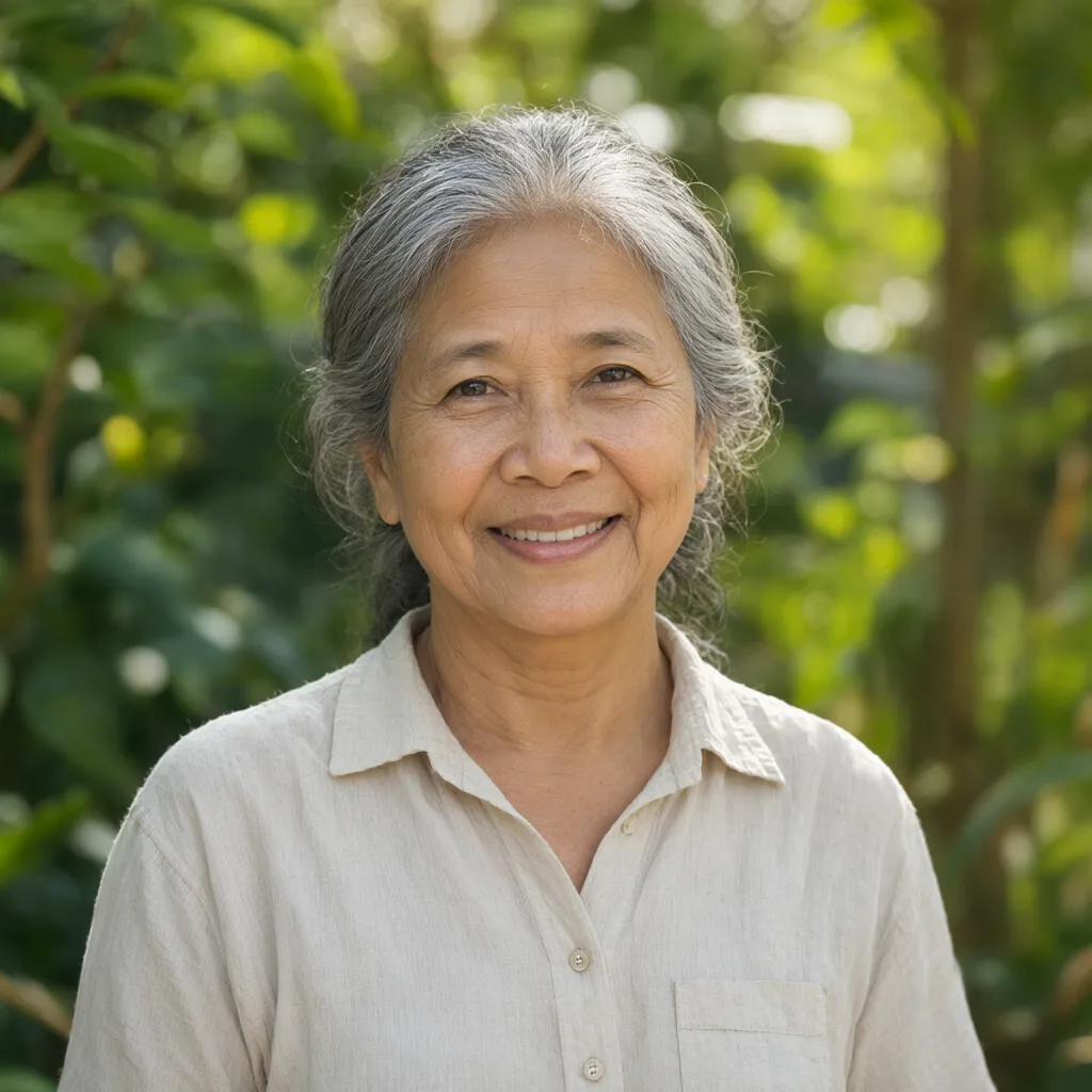 Friendly senior woman smiling in a sunlit garden (AI-generated)
