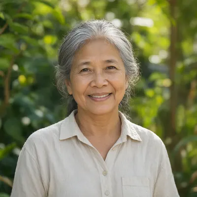 Friendly Senior Woman Portrait in a Garden (AI-generated)
