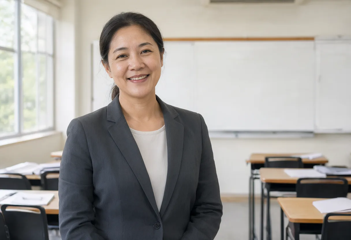 Friendly teacher in a bright modern classroom (AI-generated)