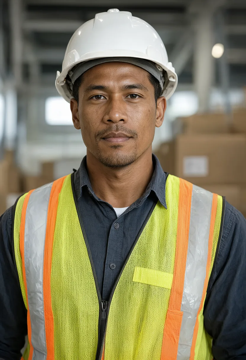 Warehouse worker in a safety vest and hard hat in a modern facility (AI-generated)