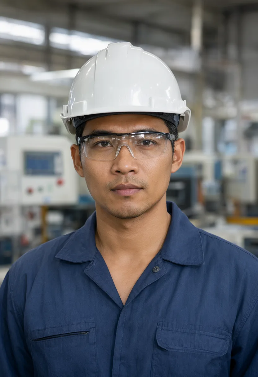 Engineer in a hard hat and safety glasses in an industrial facility (AI-generated)