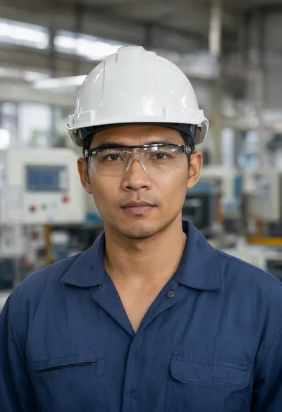 Engineer Portrait with Hard Hat in an Industrial Facility (AI-generated)