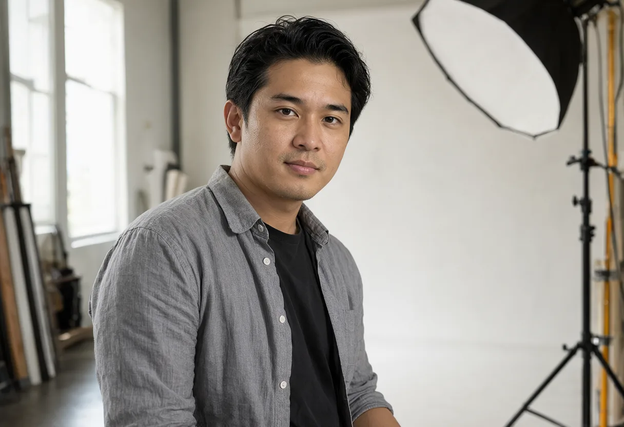 Photographer standing beside a softbox in a bright studio (AI-generated)