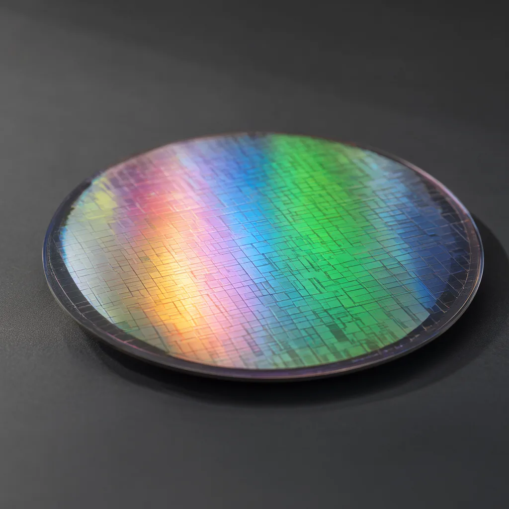 Iridescent silicon semiconductor wafer on a dark surface (AI-generated)