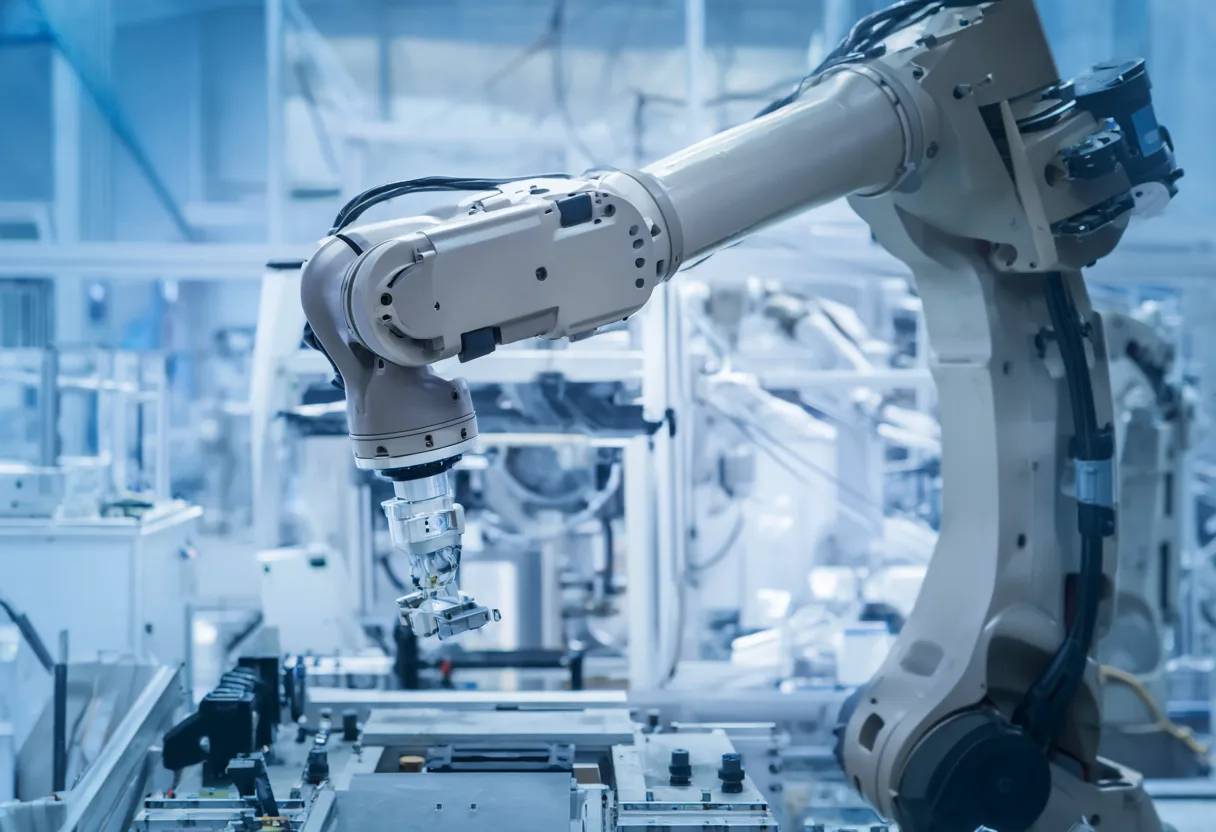 Industrial robot arm in a clean high-tech factory (AI-generated)