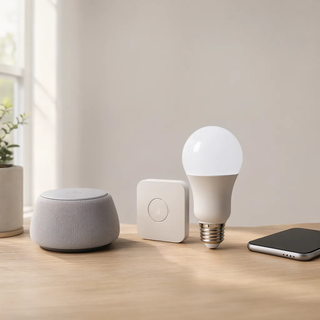 Minimalist smart home devices on a light wooden table (AI-generated)