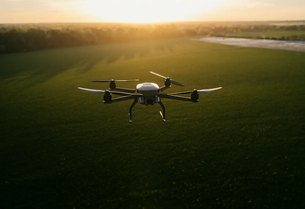 Drone flying low over a green field at sunset (AI-generated)
