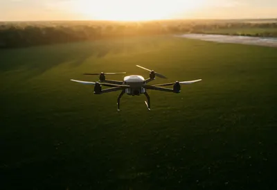Drone Flying Over a Field at Sunset (AI-generated)