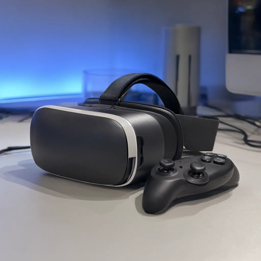 Modern VR headset and controller on a clean desk (AI-generated)