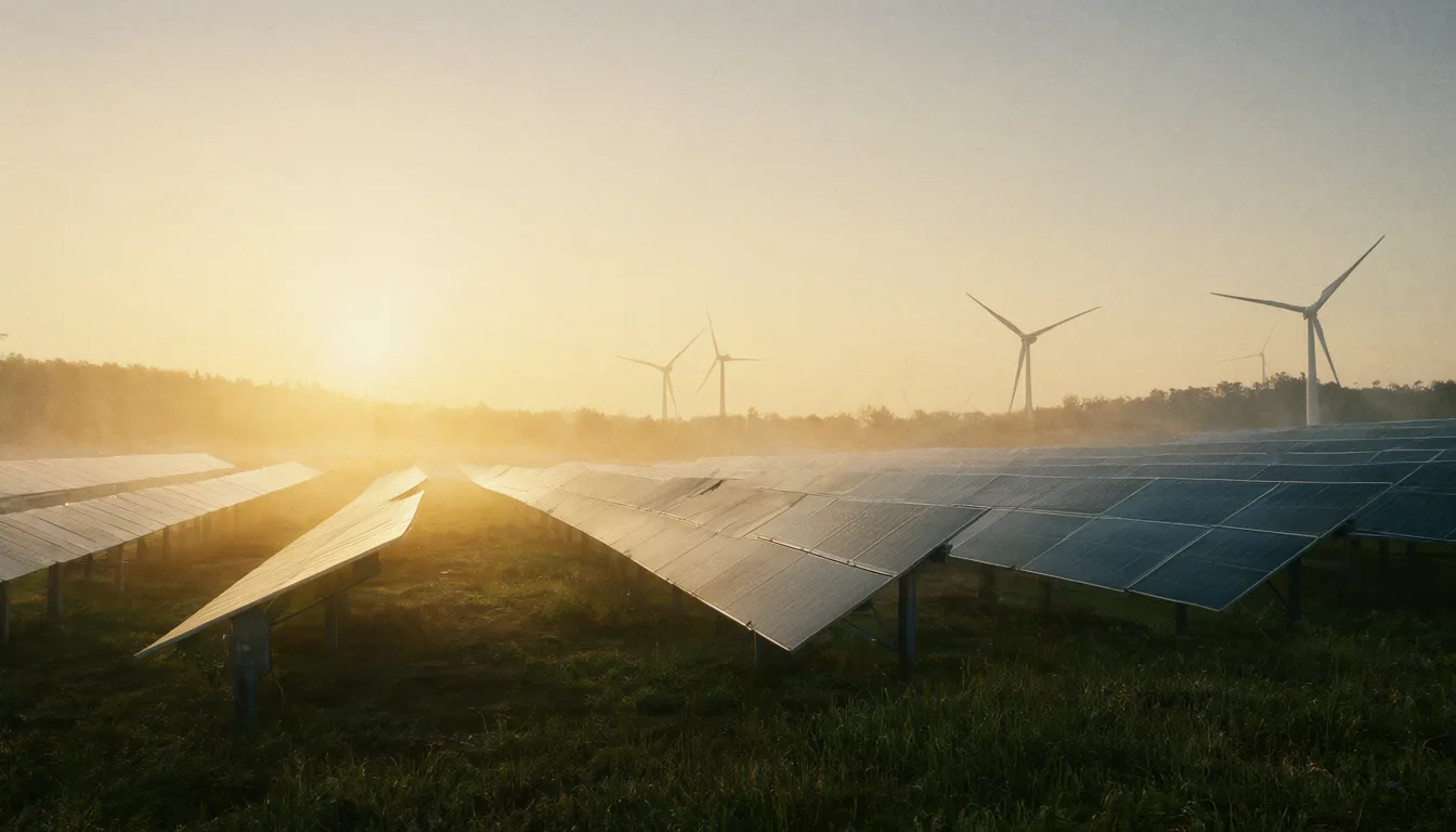 Solar panels and wind turbines in a green landscape at sunrise (AI-generated)