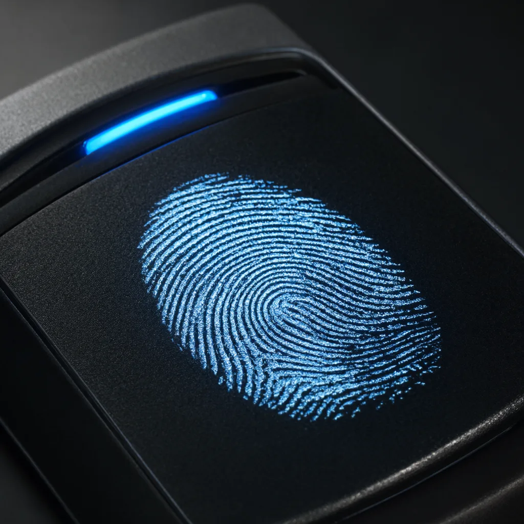 Biometric fingerprint scanner with a glowing fingerprint pattern (AI-generated)