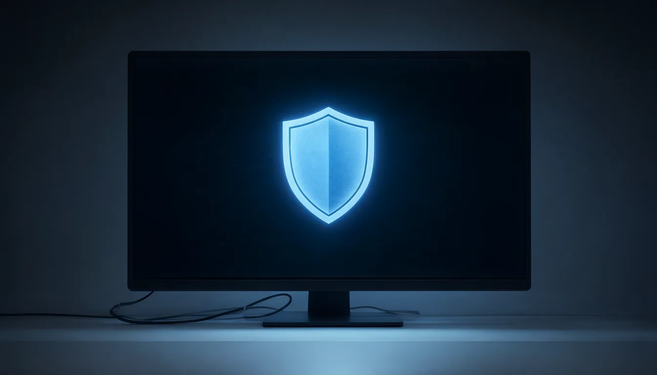 Minimalist cybersecurity workspace with a single monitor and blue shield icon (AI-generated)