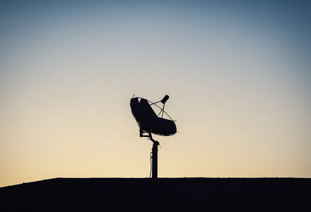 Silhouette of a satellite dish against a dusk sky (AI-generated)