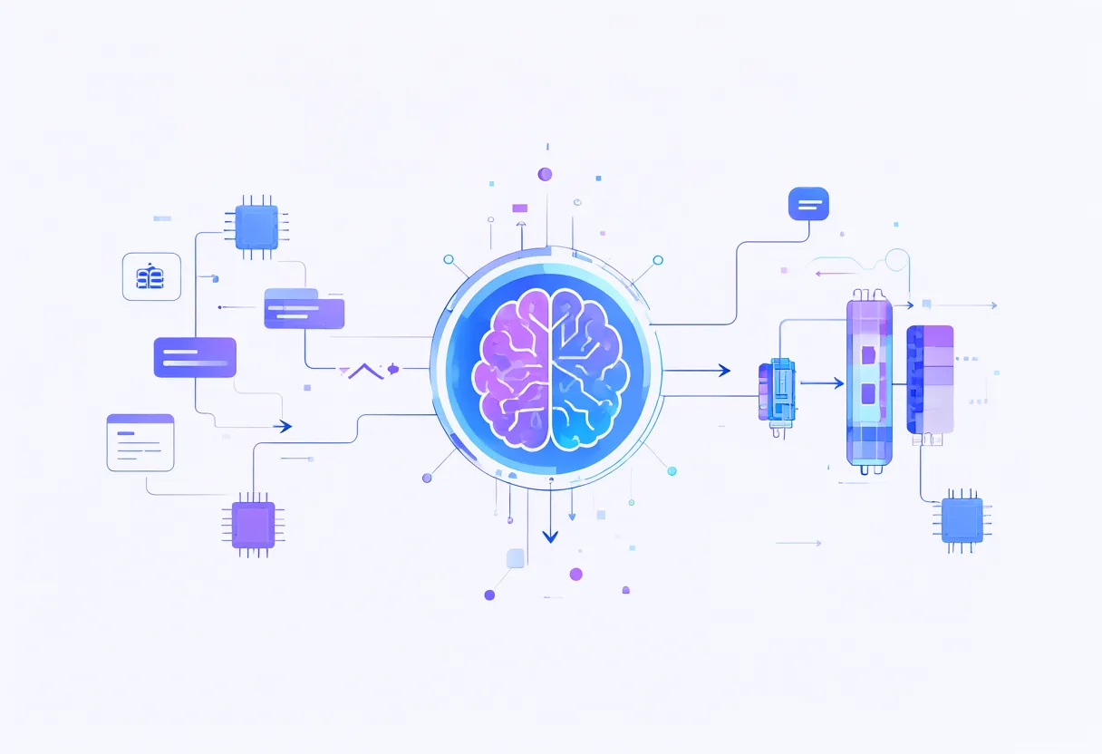 Flat vector AI workflow illustration with connected nodes and a brain icon
