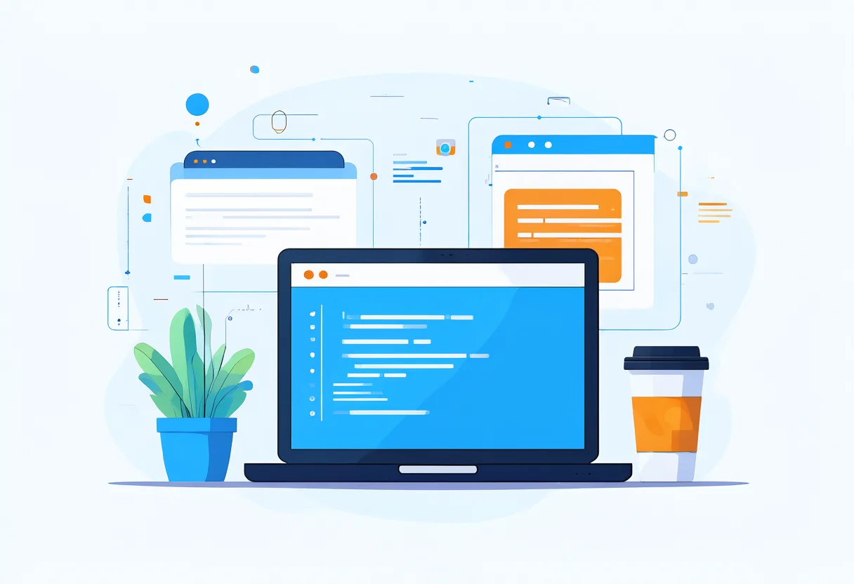Flat vector coding workspace illustration with a laptop and coffee (AI-generated)