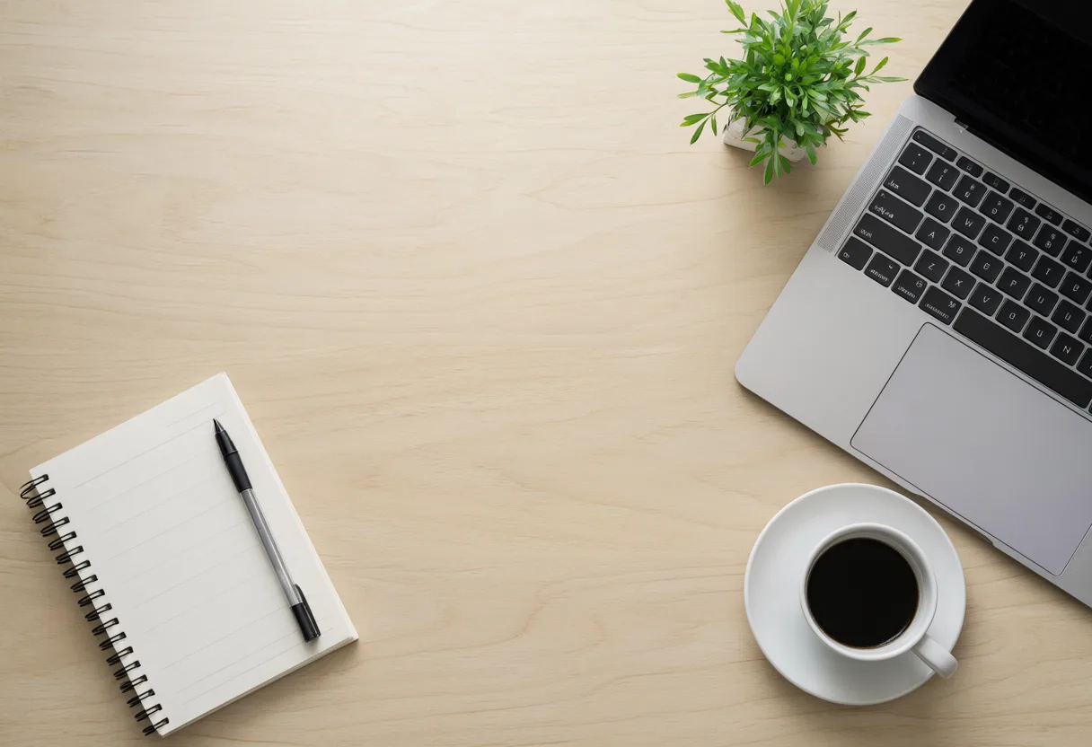 Minimalist tech desk flat lay with laptop, coffee and plant (AI-generated)