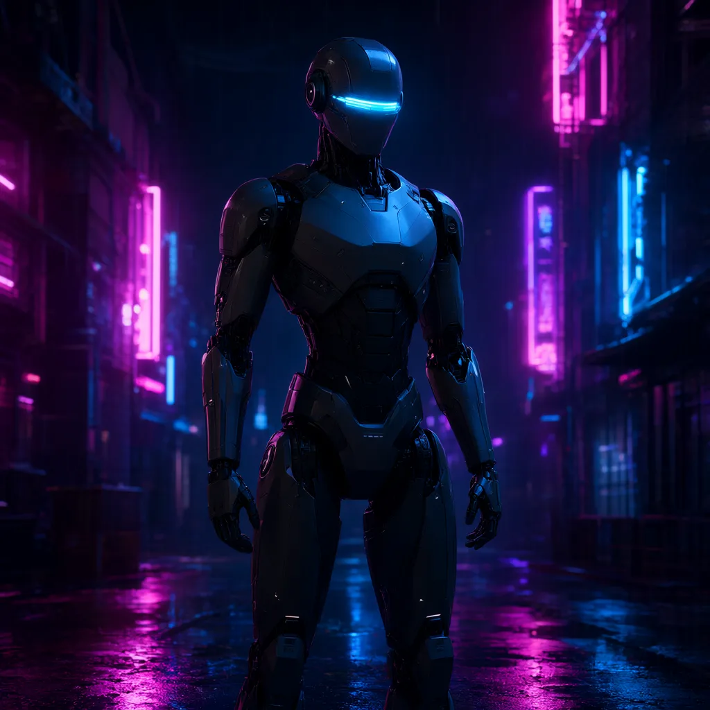 Cyberpunk android with a glowing cyan visor in a neon alley (AI-generated)