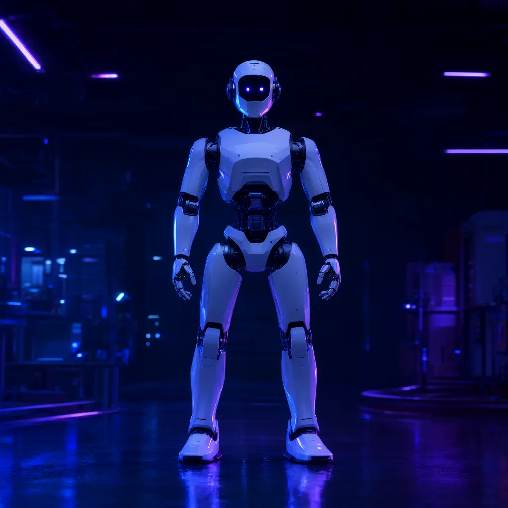White humanoid robot in a dark neon laboratory (AI-generated)