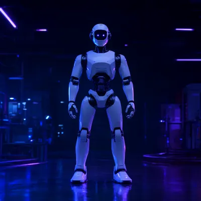 White Robot in a Neon Laboratory (AI-generated)