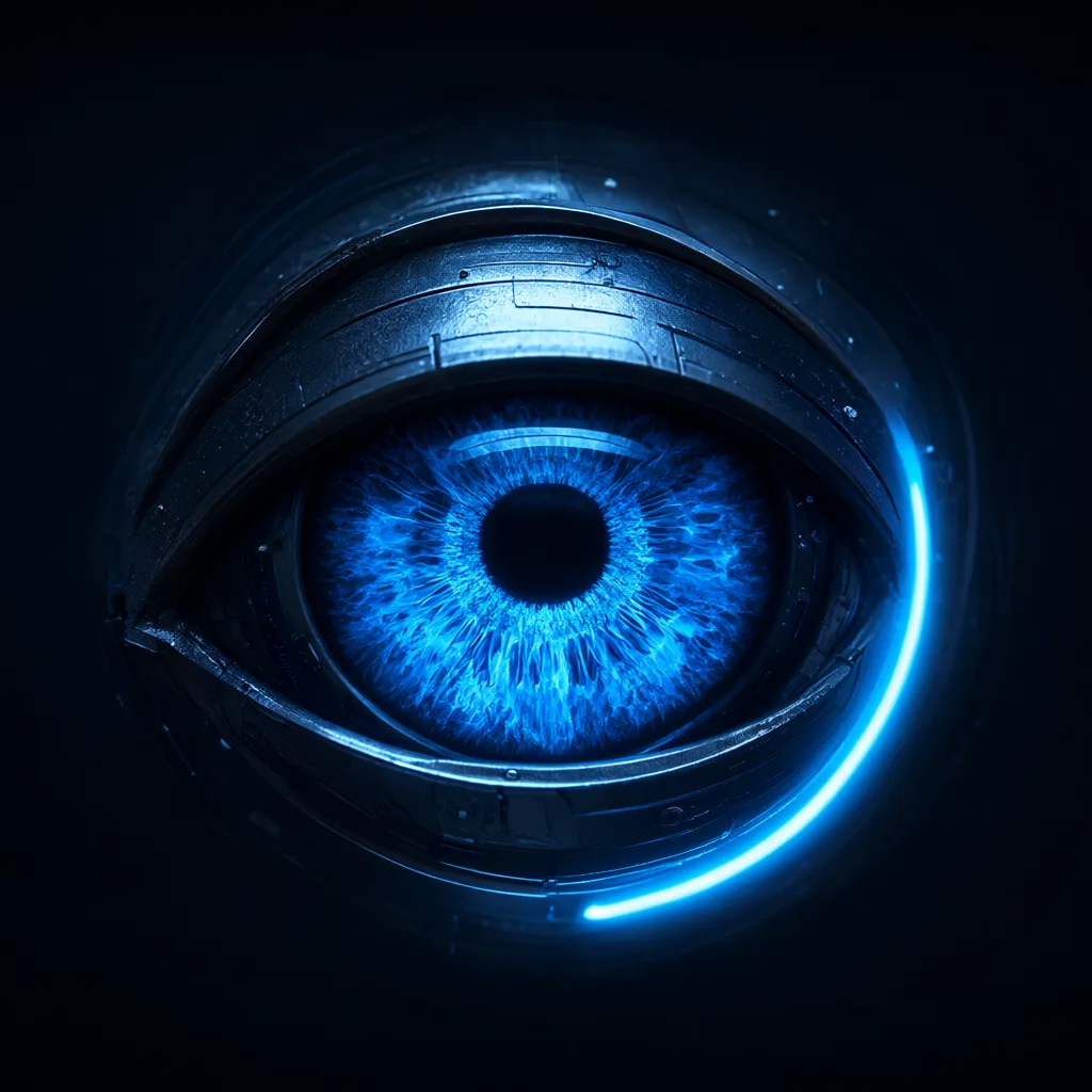 Macro of a cybernetic eye with a glowing blue iris (AI-generated)