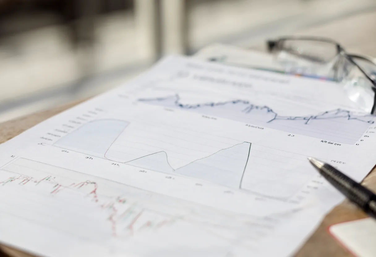 Financial charts and reports on a desk with a pen and glasses (AI-generated)
