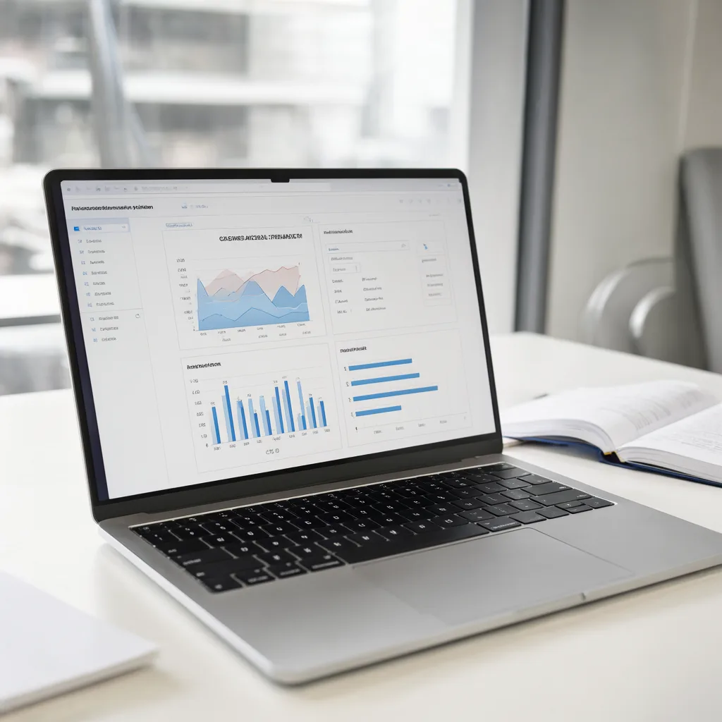 Laptop showing a simple business dashboard on a clean desk (AI-generated)