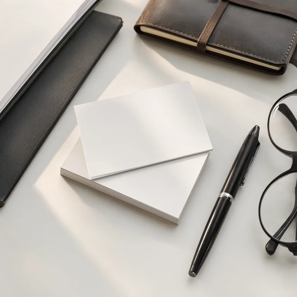 Business cards, notebook and glasses flat lay on a light desk (AI-generated)