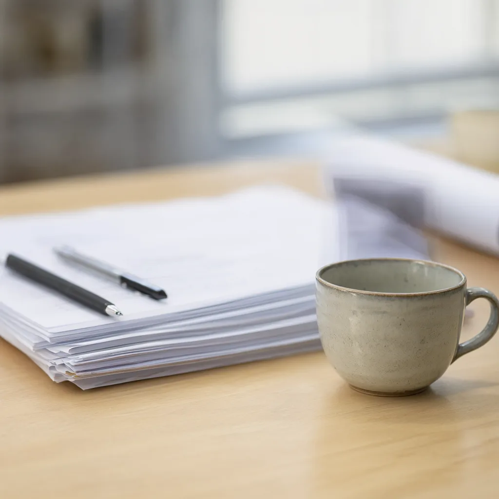 Coffee cup and documents on a light wooden desk (AI-generated)