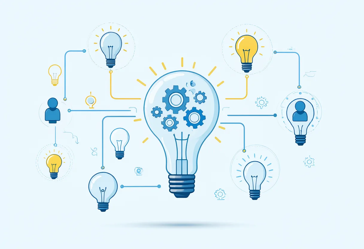 Flat vector teamwork and ideas illustration with lightbulb and gears (AI-generated)