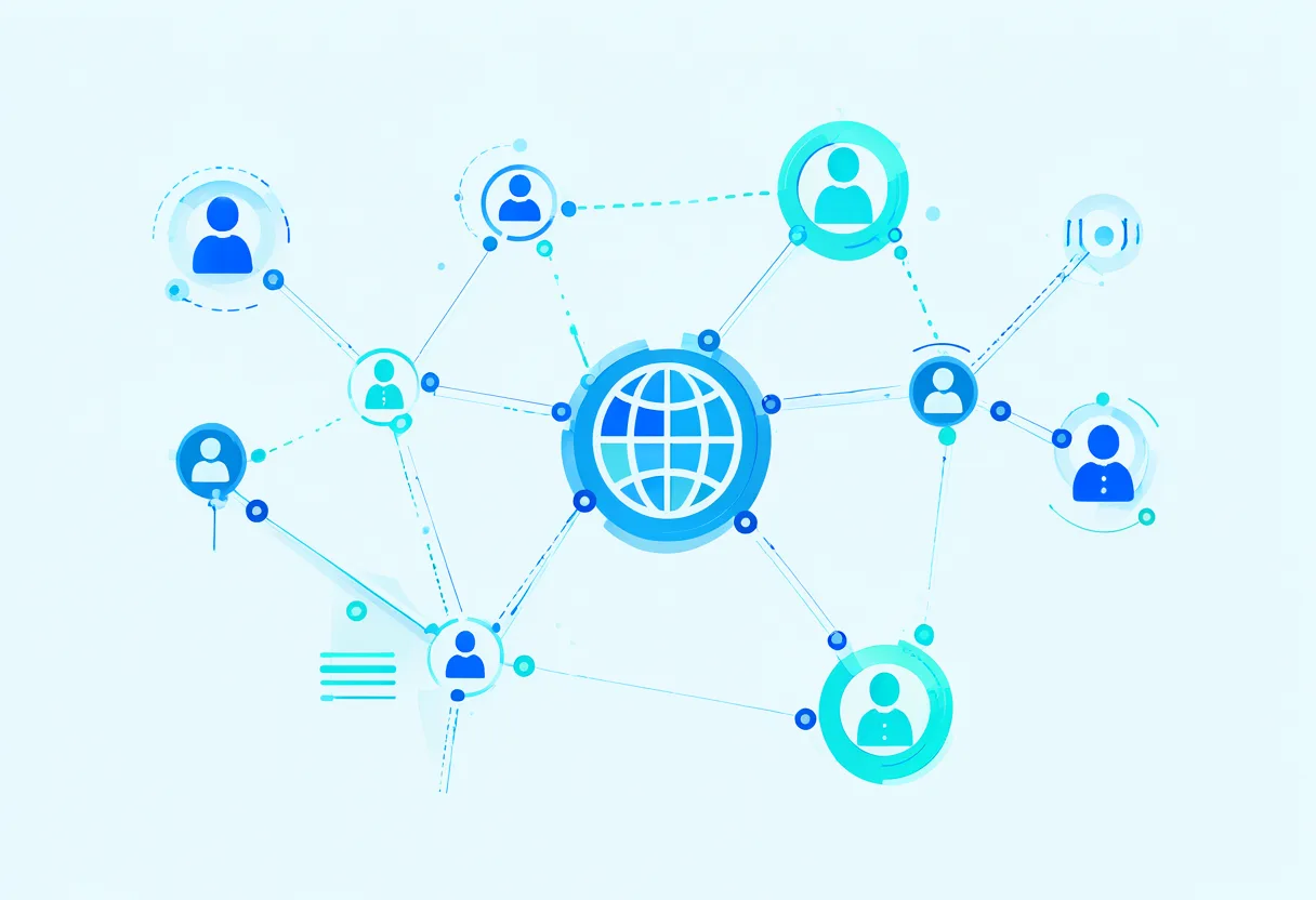 Flat vector business networking illustration with connected nodes and globe (AI-generated)