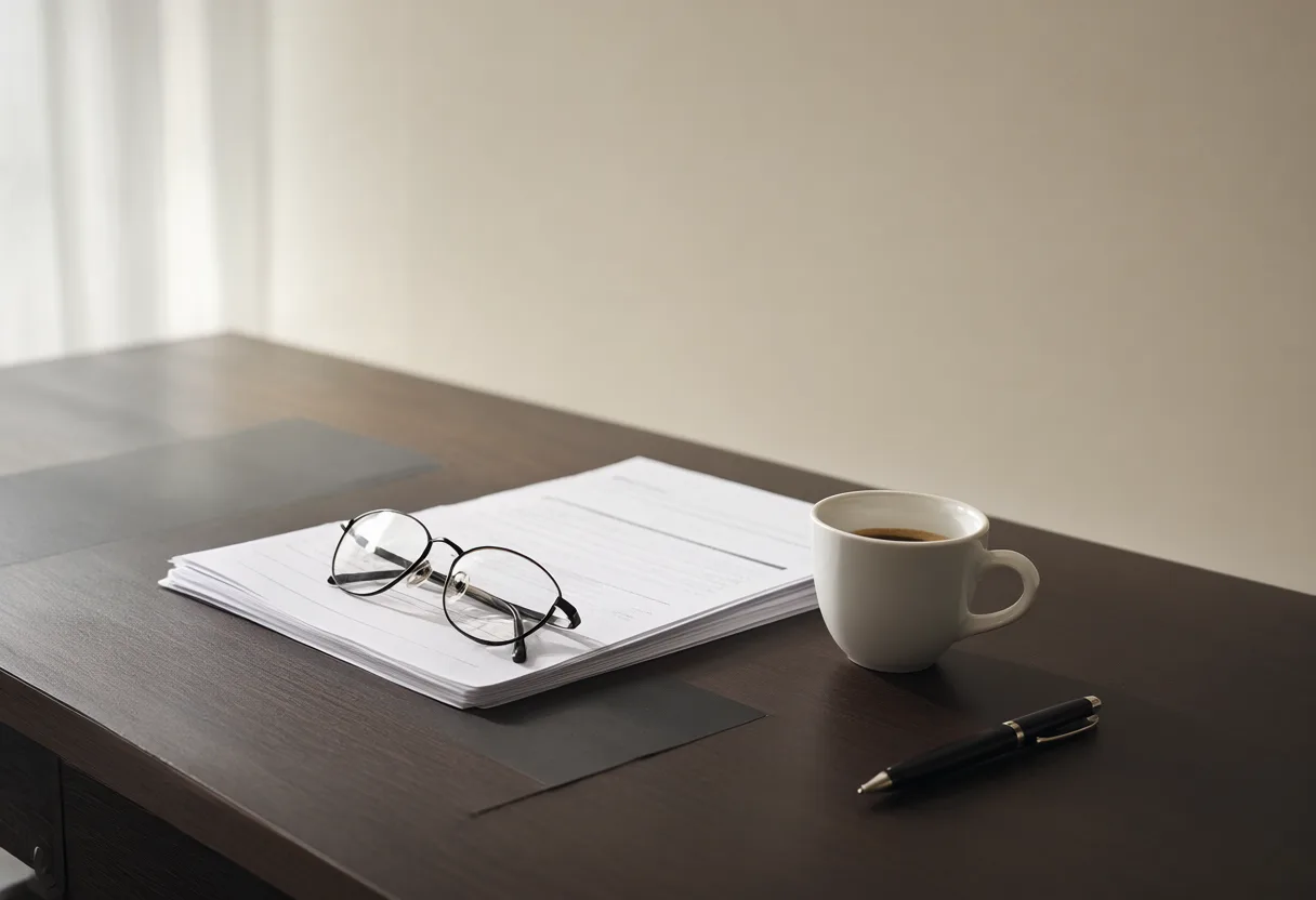 Executive desk with documents, reading glasses and espresso (AI-generated)