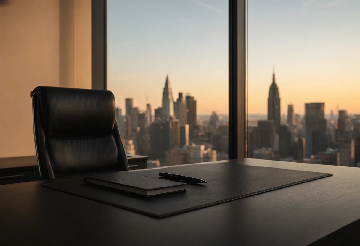 Executive desk with a city skyline view at golden hour (AI-generated)