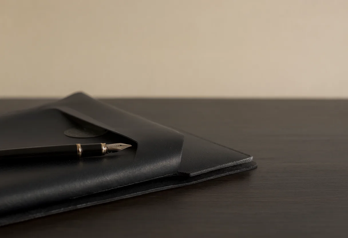 Close-up of a leather portfolio and black fountain pen on a dark desk (AI-generated)