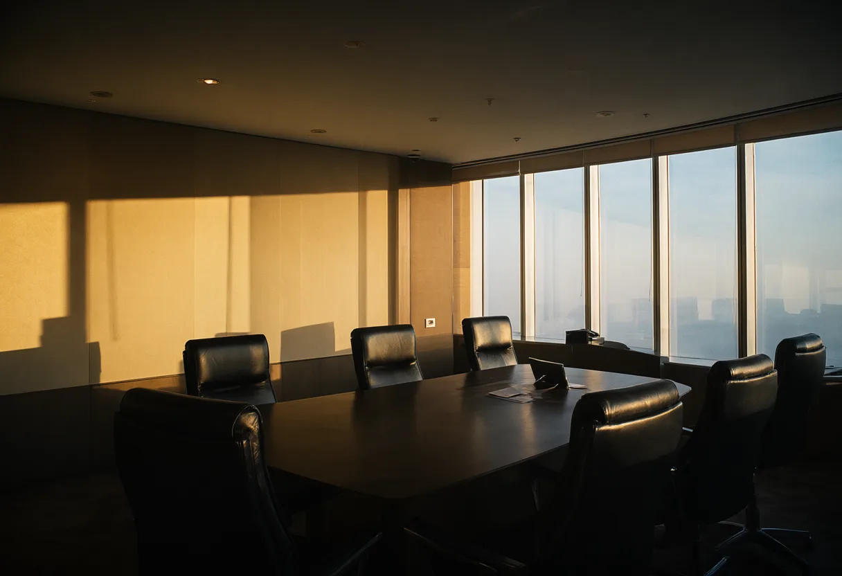 Executive meeting room with a long table and leather chairs at golden hour (AI-generated)