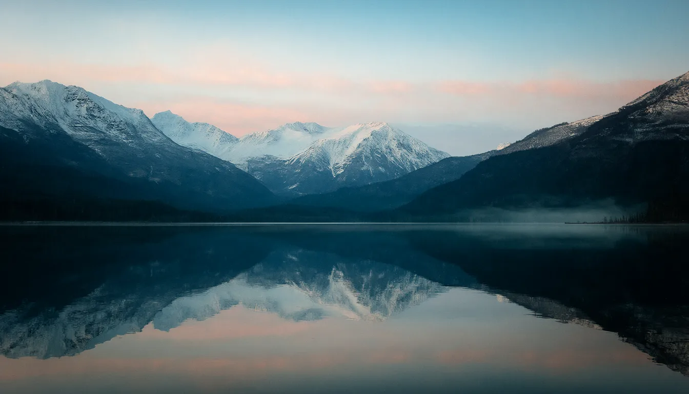 Calm mountain lake reflecting snow-capped peaks at sunrise (AI-generated)