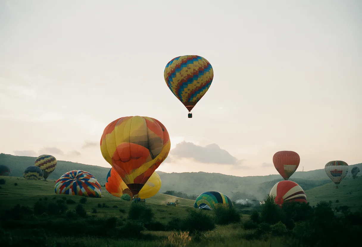 Colorful hot air balloons floating over a valley at sunrise (AI-generated)