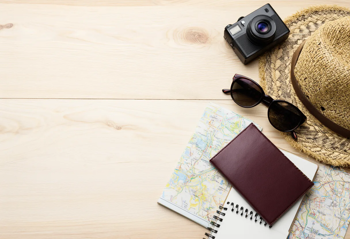 Travel essentials flat lay with passport, map, camera and hat (AI-generated)
