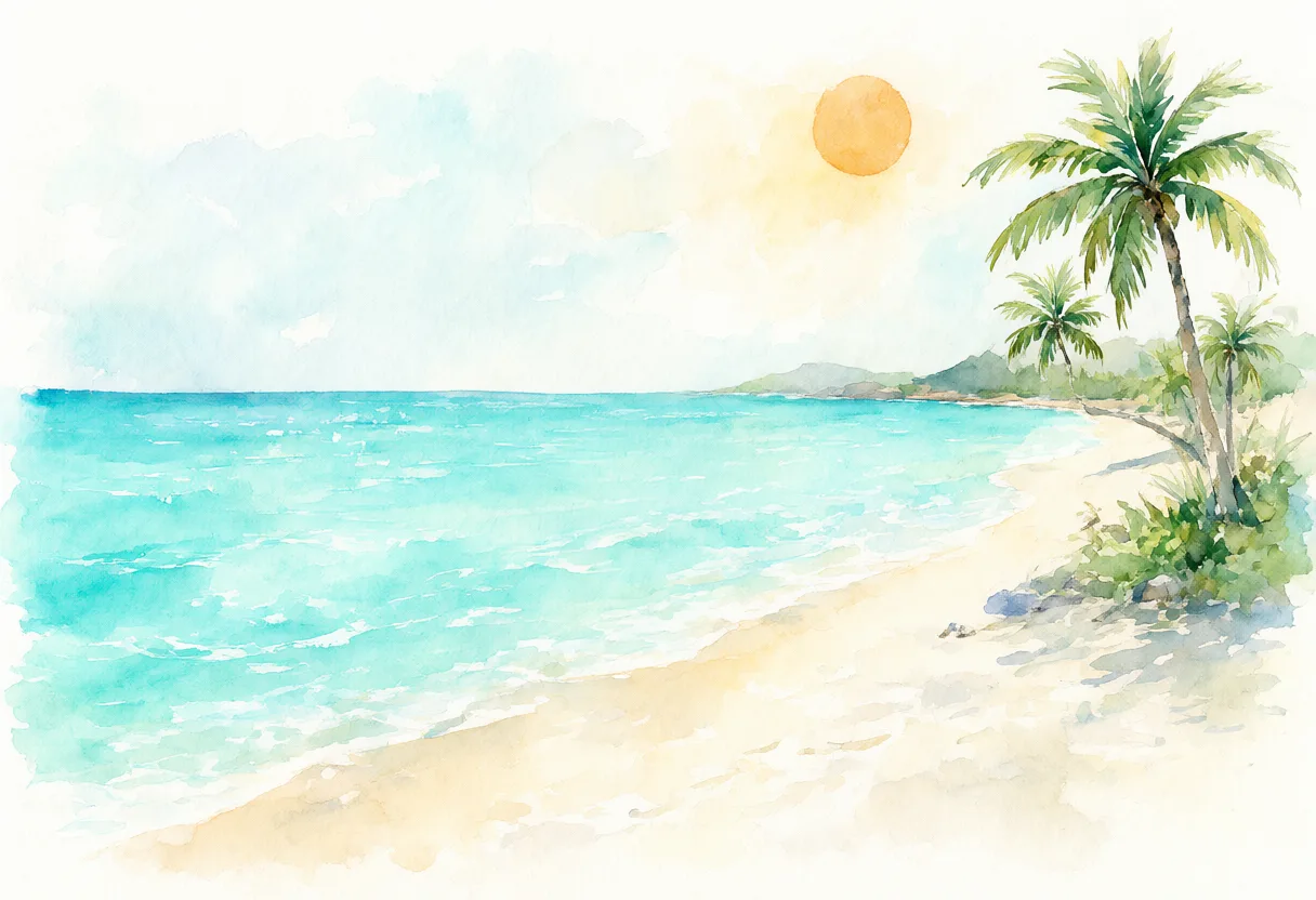 Watercolor illustration of a tropical beach with palm trees (AI-generated)