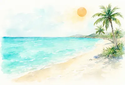 ภาพประกอบสีน้ำหาดเขตร้อน (สร้างด้วย AI)