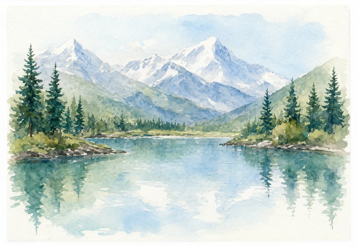 Watercolor illustration of a mountain lake with pine trees (AI-generated)