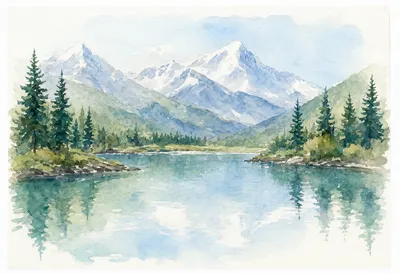 Watercolor Mountain Lake Illustration (AI-generated)
