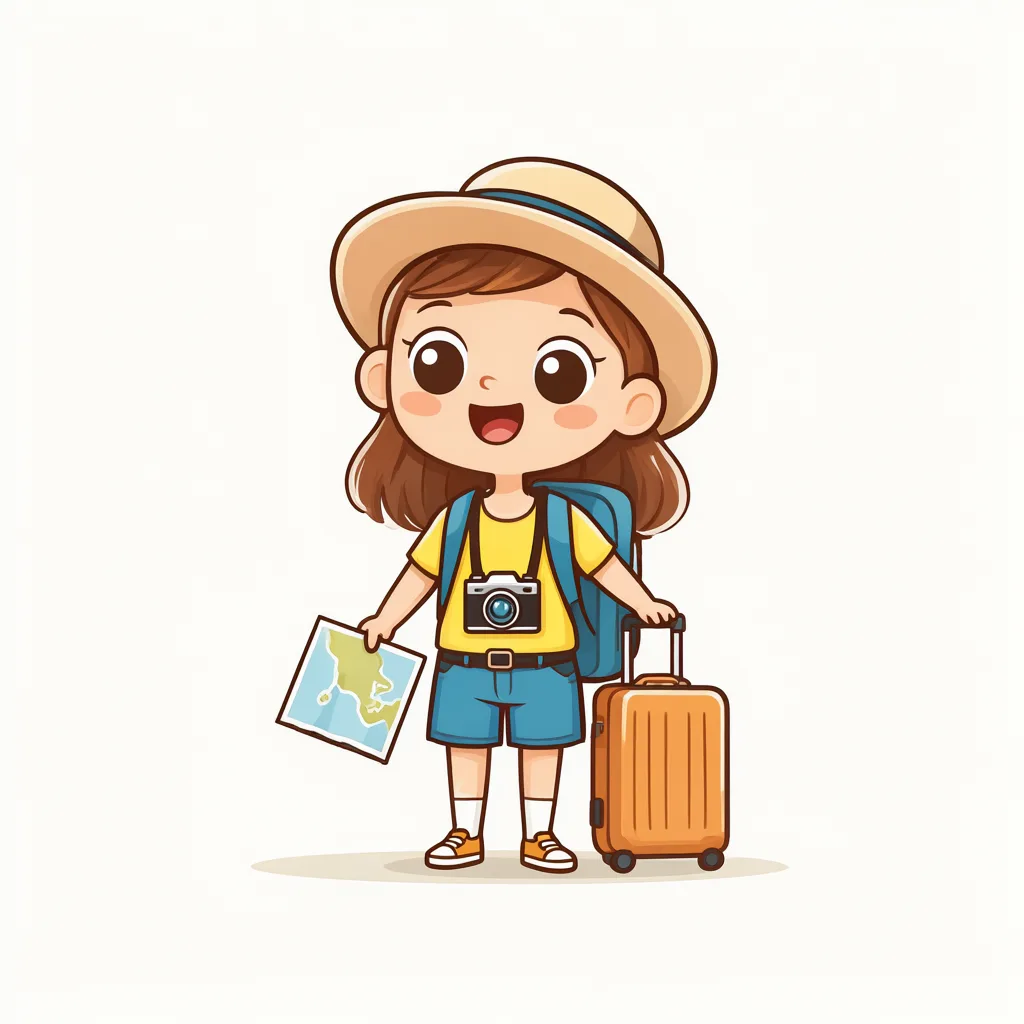 Cute cartoon traveler with a suitcase, map and camera (AI-generated)