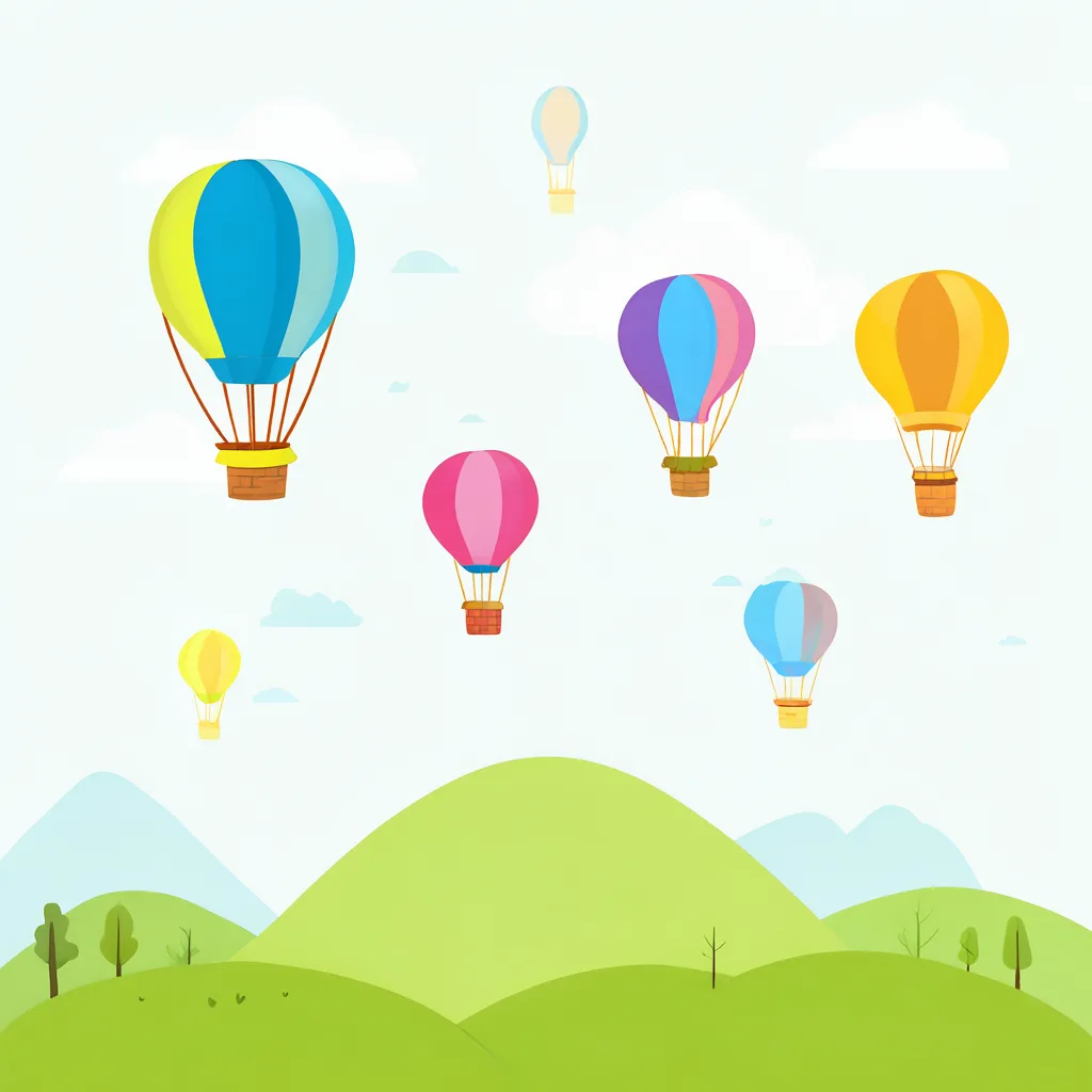 Cartoon illustration of hot air balloons over a green valley (AI-generated)