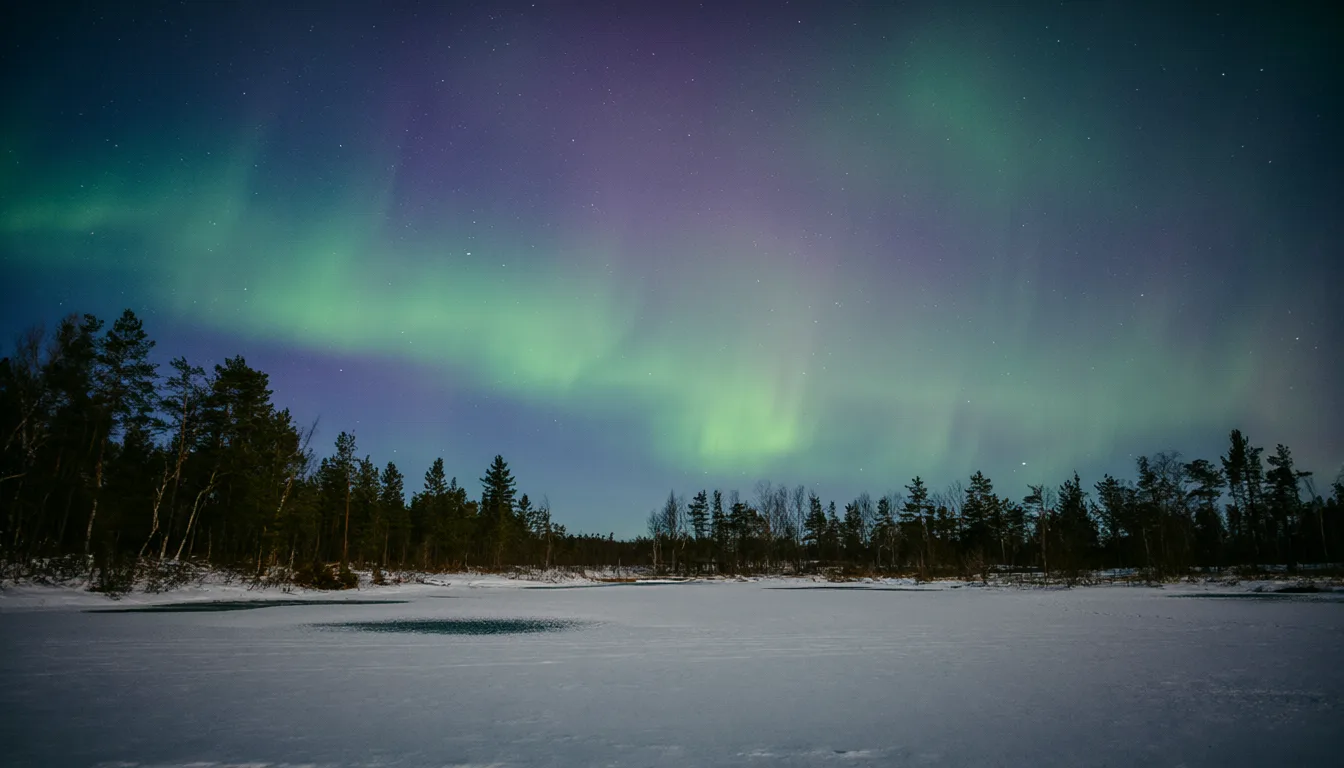 Green and purple northern lights over a snowy landscape (AI-generated)